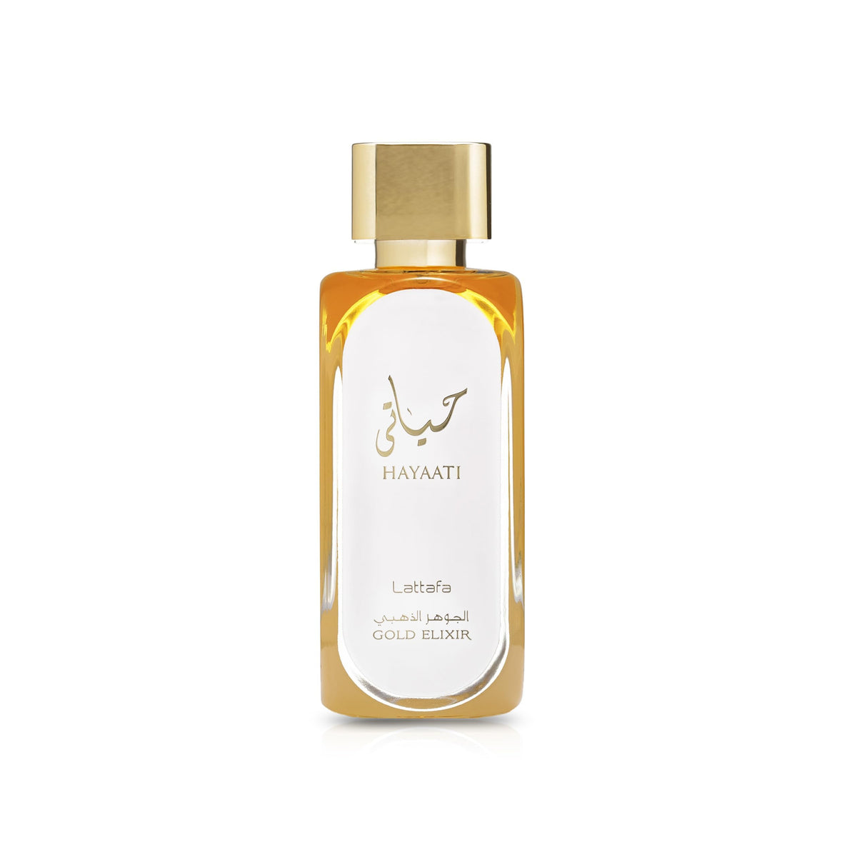 Lattafa Hayaati Gold Elixir front bottle showing elegant label and luxury appeal