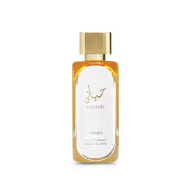 Lattafa Hayaati Gold Elixir front bottle showing elegant label and luxury appeal