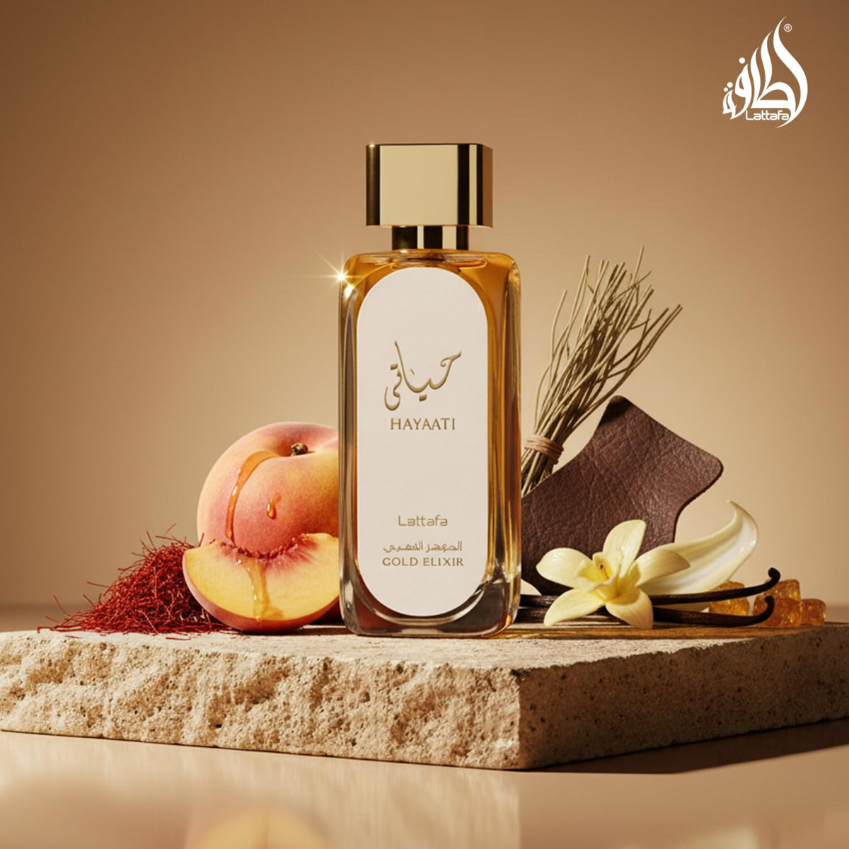 Lattafa Hayaati Gold Elixir glass clarity close-up showing rich color and premium craftsmanship