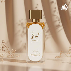 Lattafa Hayaati Gold Elixir lifestyle scene with outfit pairing showing day-to-night versatility