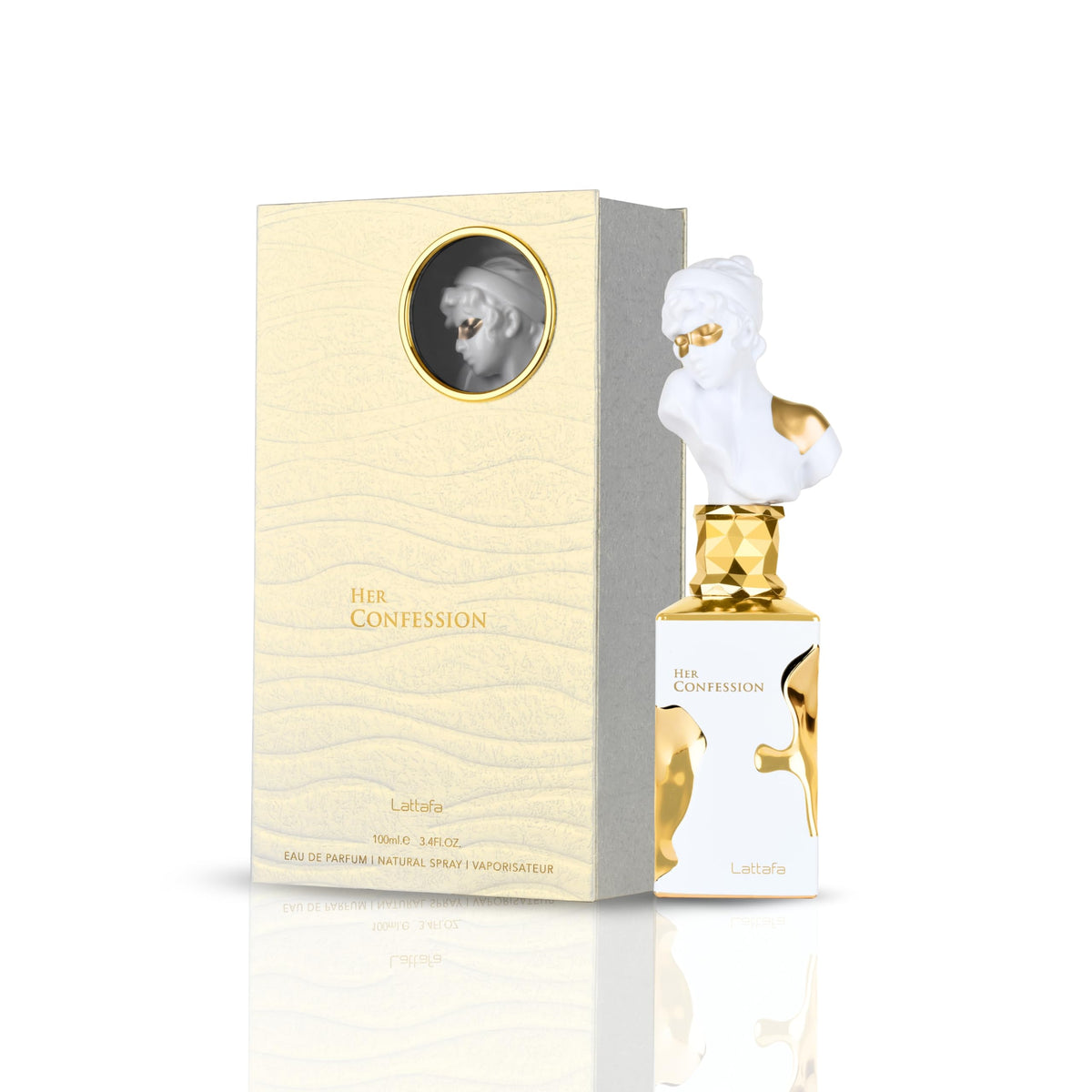 Lattafa Her Confession bottle next to branded box highlighting gift-ready packaging
