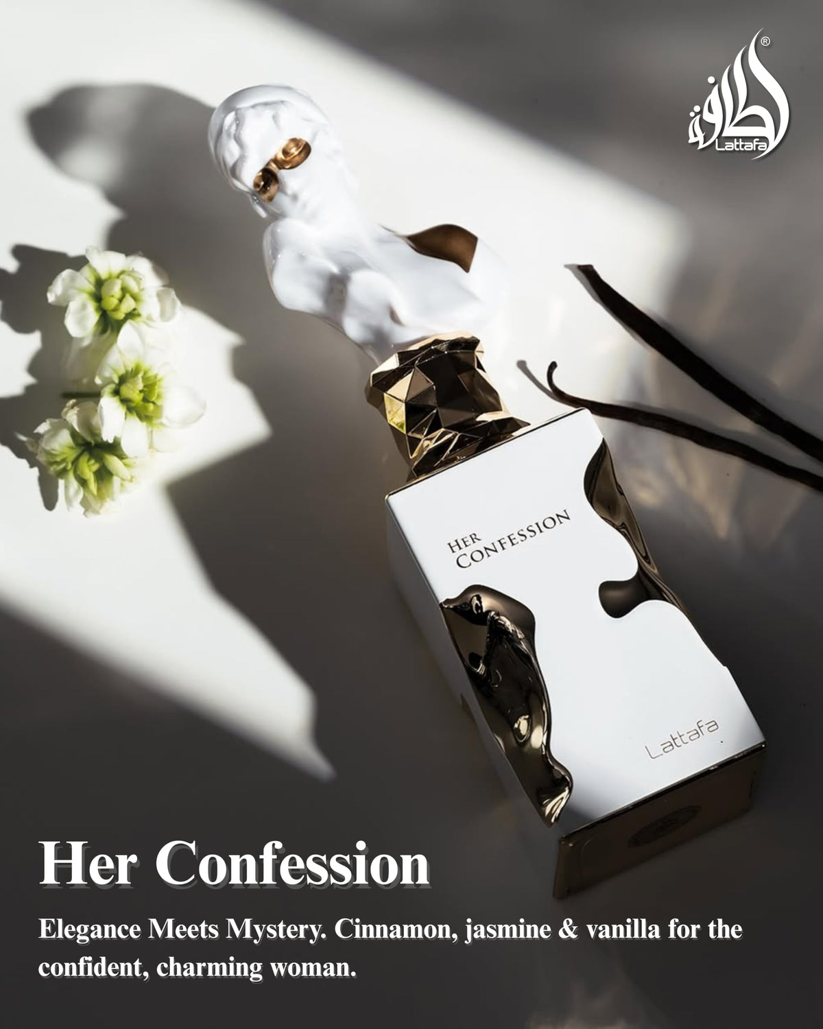 Lattafa Her Confession next to a 100 ml ruler showing true bottle size