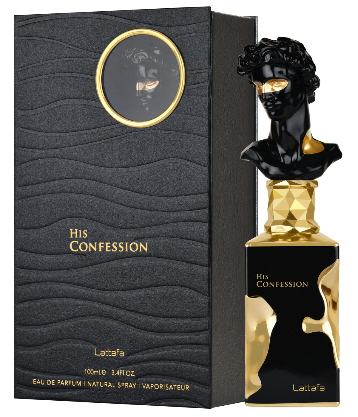 Lattafa His Confession bottle next to box illustrating complete retail presentation and gift-ready look
