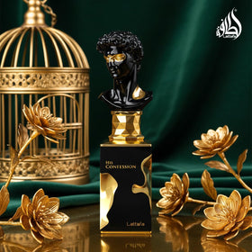 Lattafa His Confession bottle in hand demonstrating 100 ml size and portability benefit