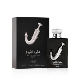 Lattafa Ishq Al Shuyukh Silver bottle angled view highlighting design