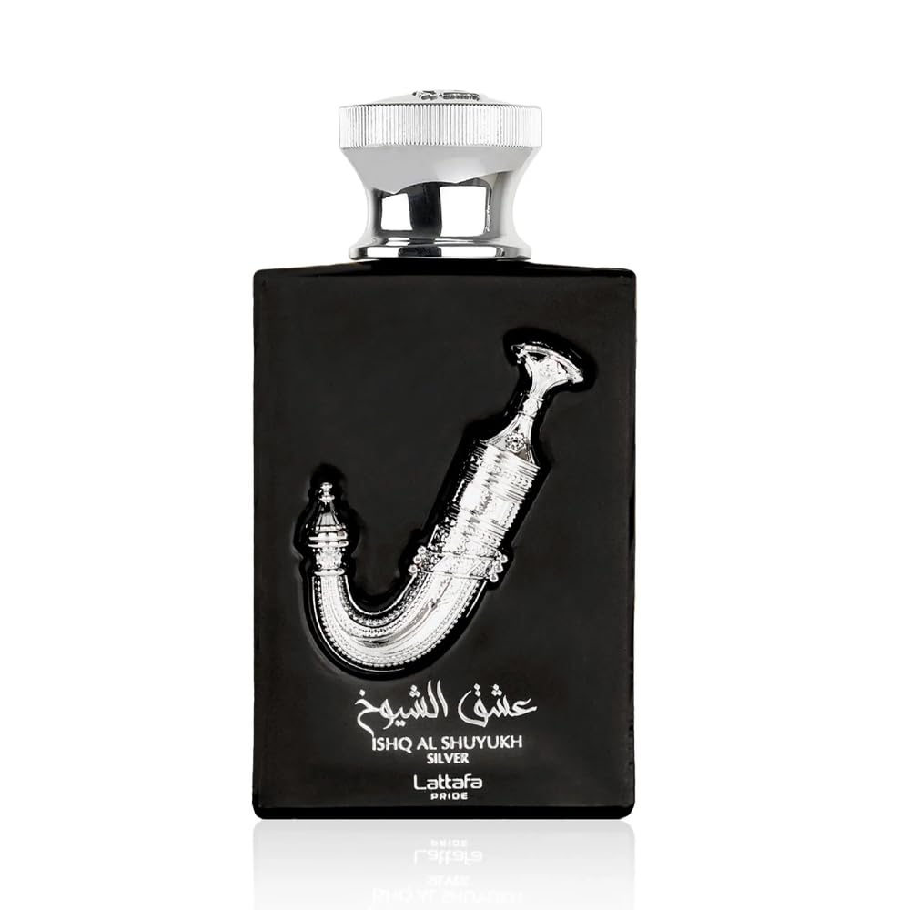 Lattafa Ishq Al Shuyukh Silver front packaging showcasing bottle and box