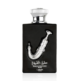 Lattafa Ishq Al Shuyukh Silver front packaging showcasing bottle and box