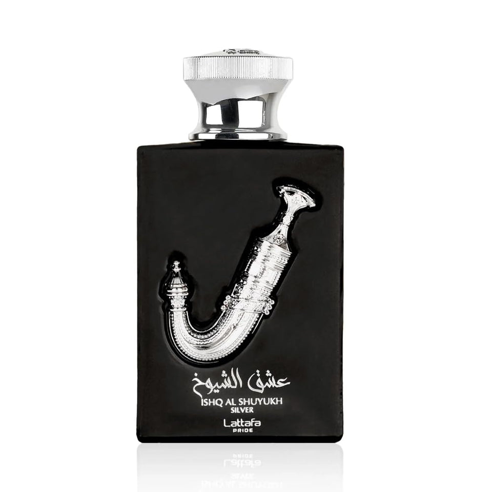 Lattafa Ishq Al Shuyukh Silver front packaging showcasing bottle and box