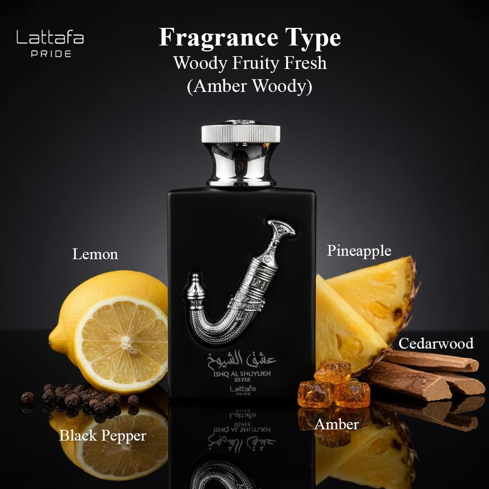 Lattafa Ishq Al Shuyukh Silver notes visual with lemon and cedar woods