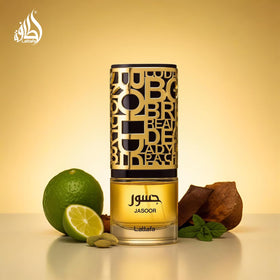 Lattafa Jasoor glass detail and label emphasizing premium finish