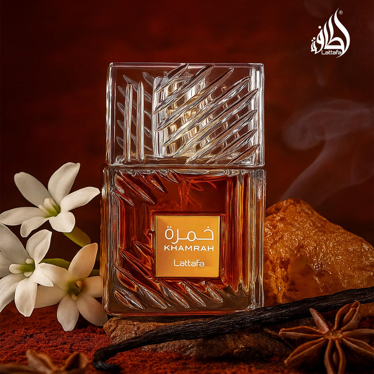 Lattafa Khamrah ingredients flatlay showing cinnamon, vanilla, dates for scent clarity