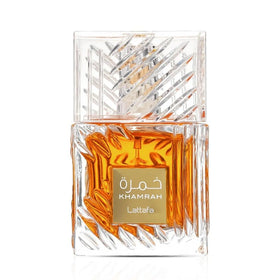 Lattafa Khamrah front bottle showing label and warm color benefit long-wear