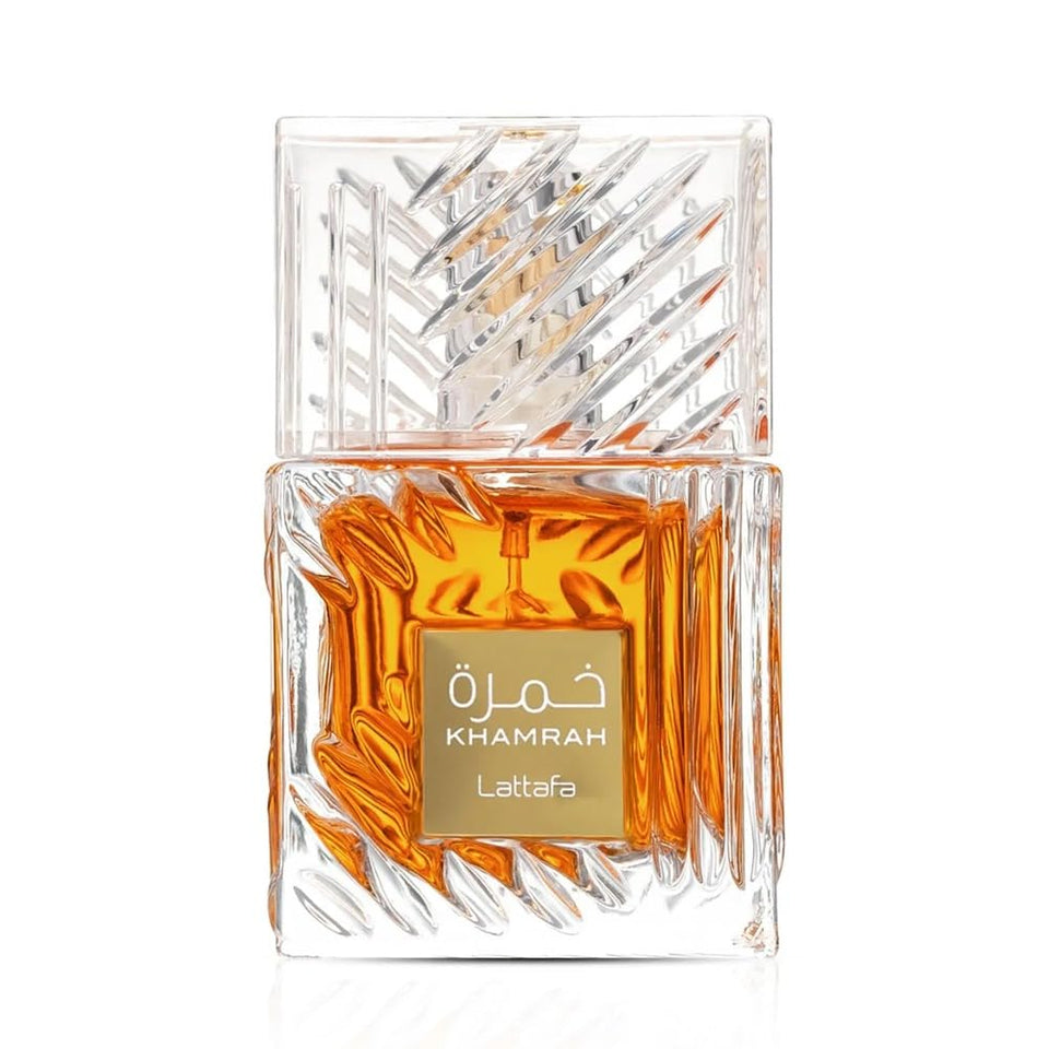 Lattafa Khamrah front bottle showing label and warm color benefit long-wear