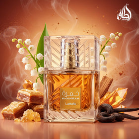 Lattafa Khamrah mid-spray action demonstrating mist and easy application benefit
