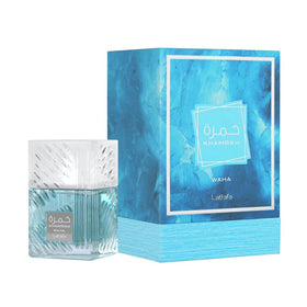Lattafa Khamrah Waha box beside bottle highlighting packaging and gift-ready appeal