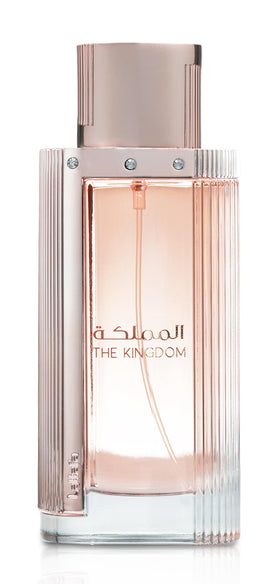 Lattafa The Kingdom front bottle showing elegant glass design and label benefit