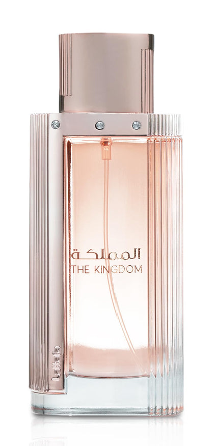 Lattafa The Kingdom front bottle showing elegant glass design and label benefit