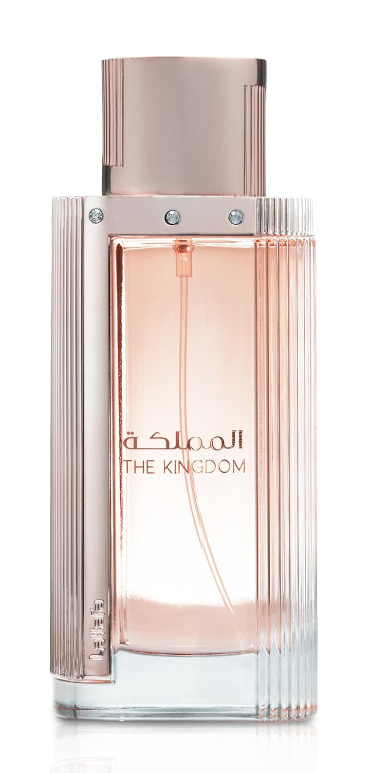 Lattafa The Kingdom front bottle showing elegant glass design and label benefit