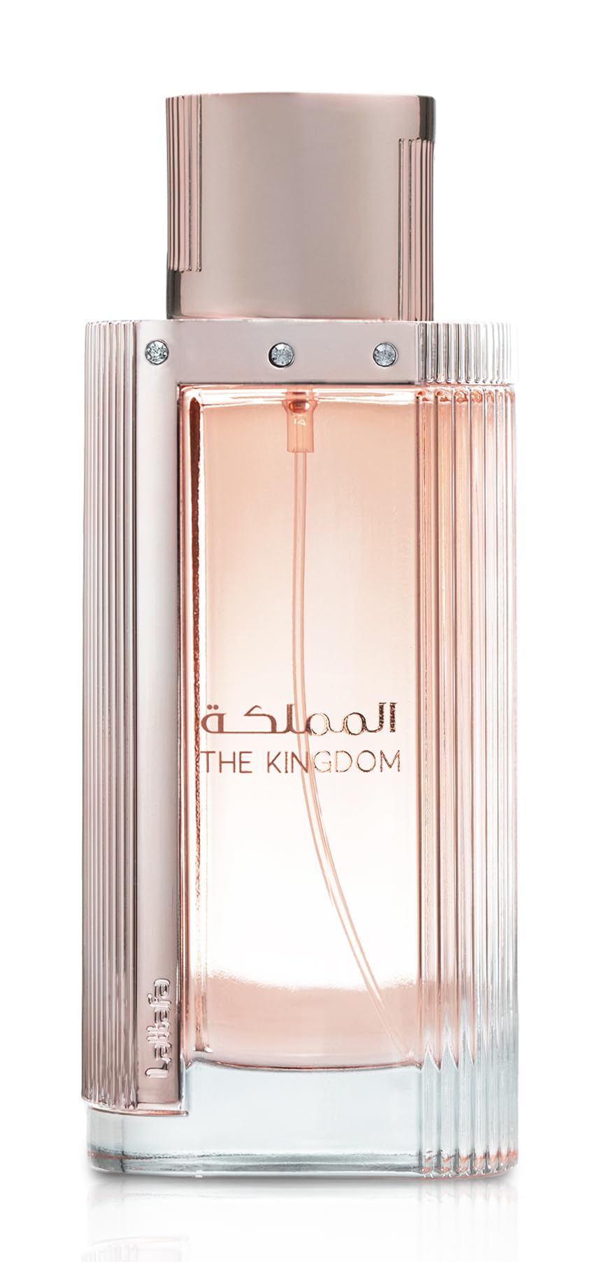 Lattafa The Kingdom front bottle showing elegant glass design and label benefit