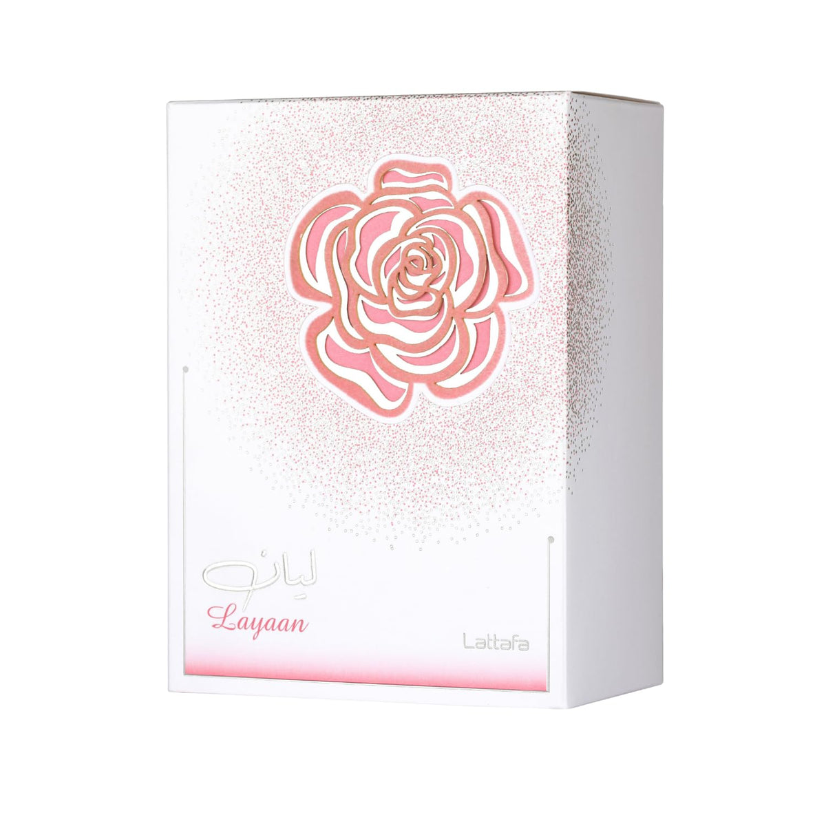 Lattafa Layaan ingredients flatlay with pear, mandarin, gardenia conveying scent notes