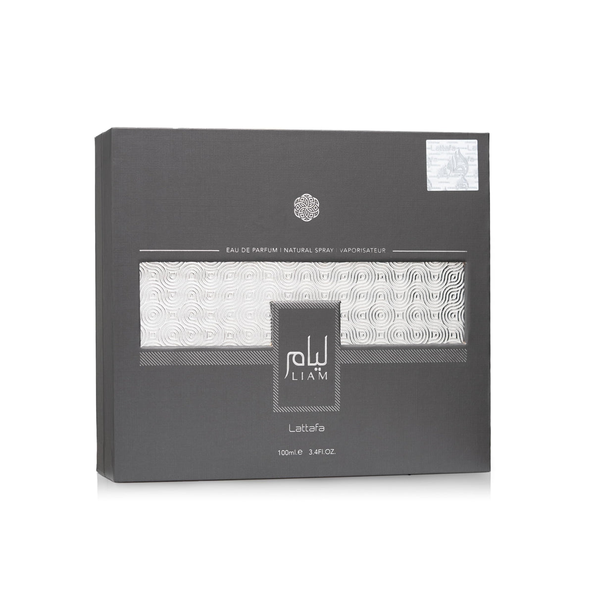 Lattafa Liam Grey bottle angled shot highlighting glass texture and premium look