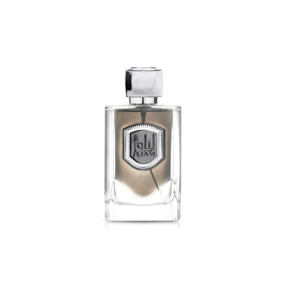 Lattafa Liam Grey bottle front view showing elegant design and easy recognition