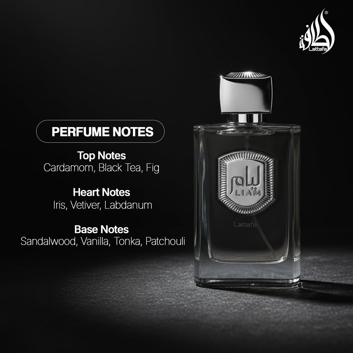 Lattafa Liam Grey label close-up showing branding and scent information clearly