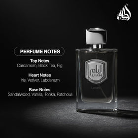 Lattafa Liam Grey label close-up showing branding and scent information clearly