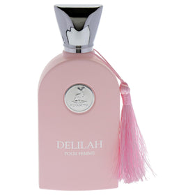 Lattafa Delilah side label close-up highlighting Maison Alhambra branding and notes
