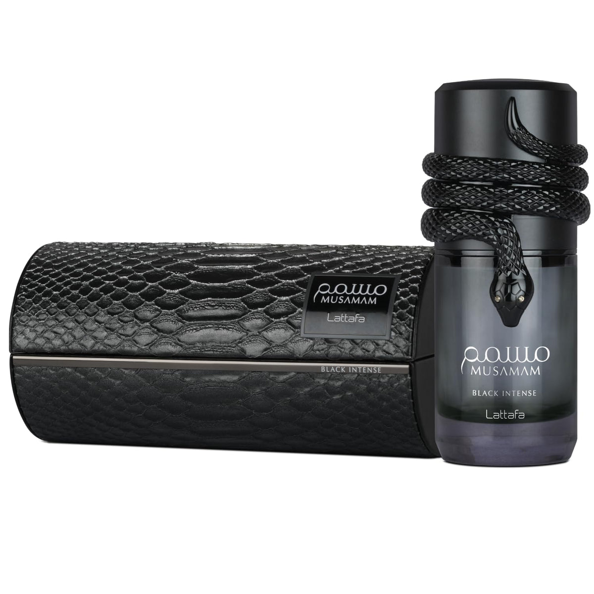Lattafa Musamam Black Intense bottle detail and cap highlighting premium finish