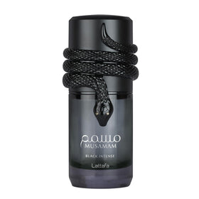 Lattafa Musamam Black Intense front bottle showing stylish design and bold presence