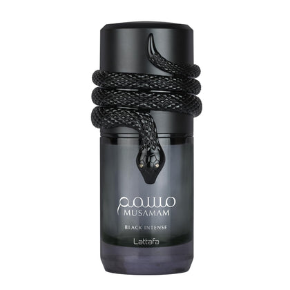 Lattafa Musamam Black Intense front bottle showing stylish design and bold presence