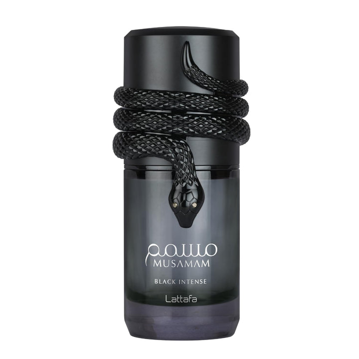 Lattafa Musamam Black Intense front bottle showing stylish design and bold presence