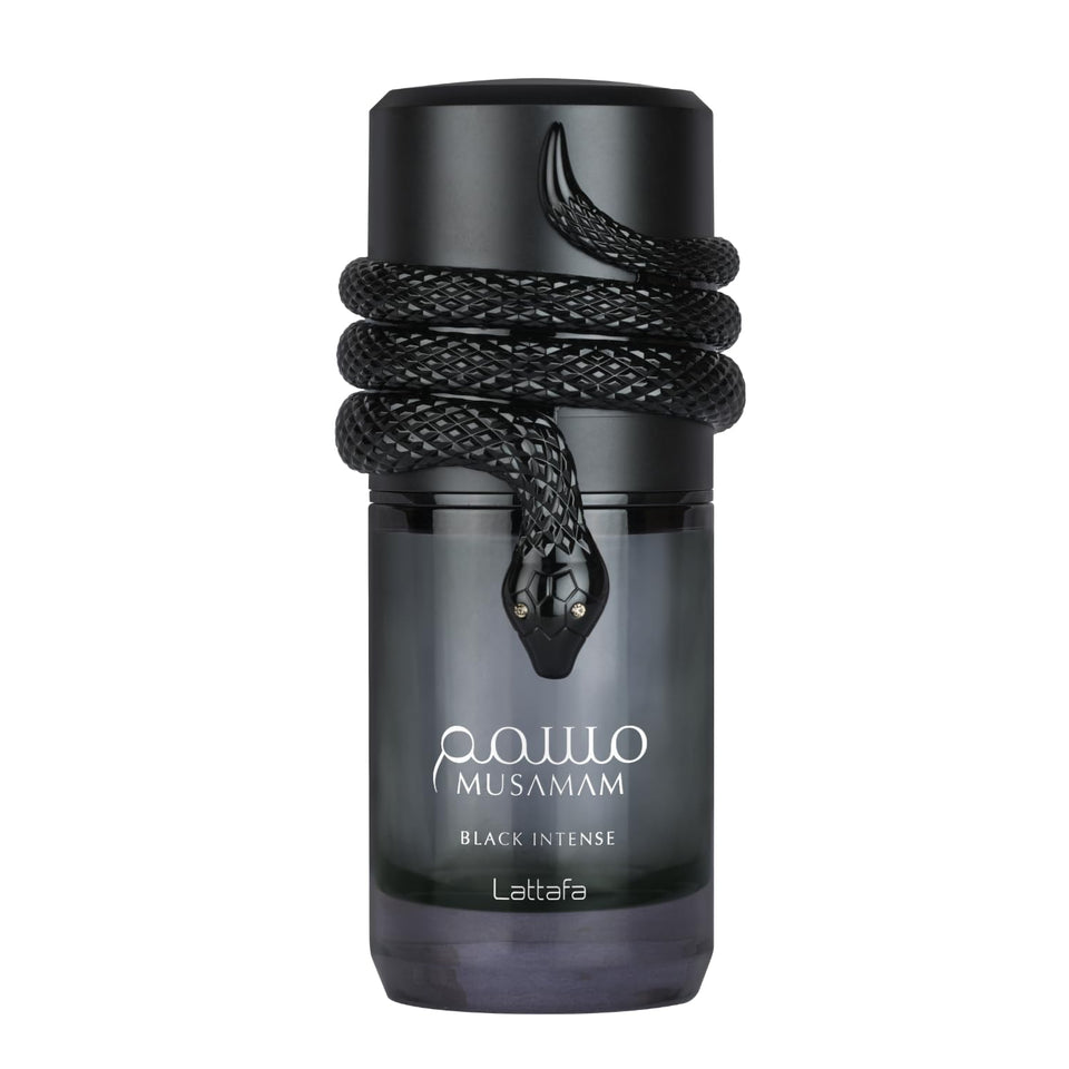 Lattafa Musamam Black Intense front bottle showing stylish design and bold presence