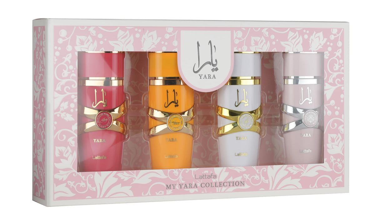 Lattafa My Yara Collection front packaging showing four 25ml bottles and gift box, perfect for gifting