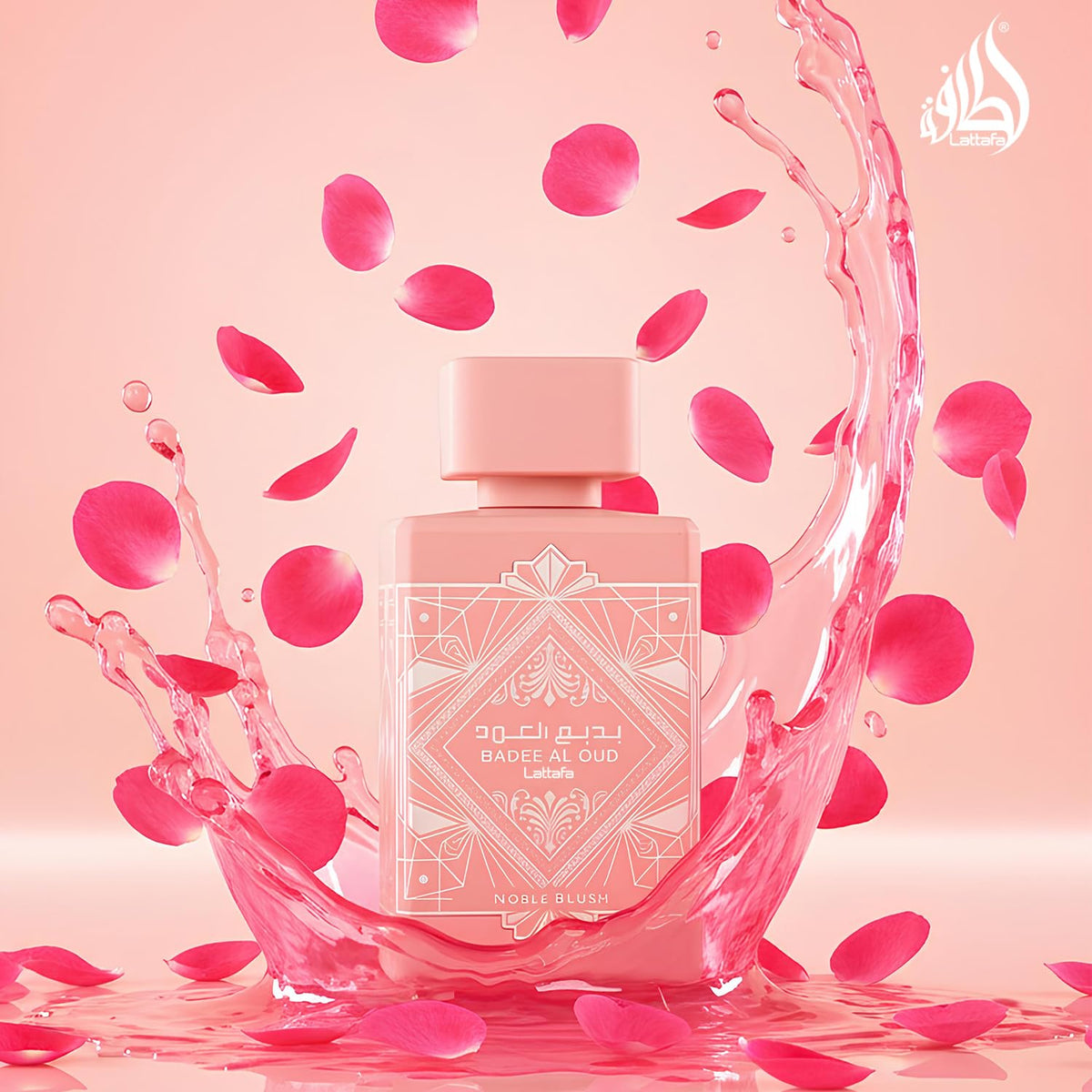 Lattafa Noble Blush atomizer mist over skin illustrating soft, even fragrance spread