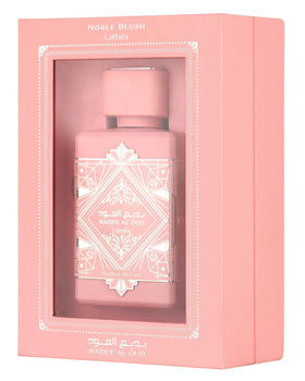 Lattafa Noble Blush packaging label close-up highlighting fragrance information
