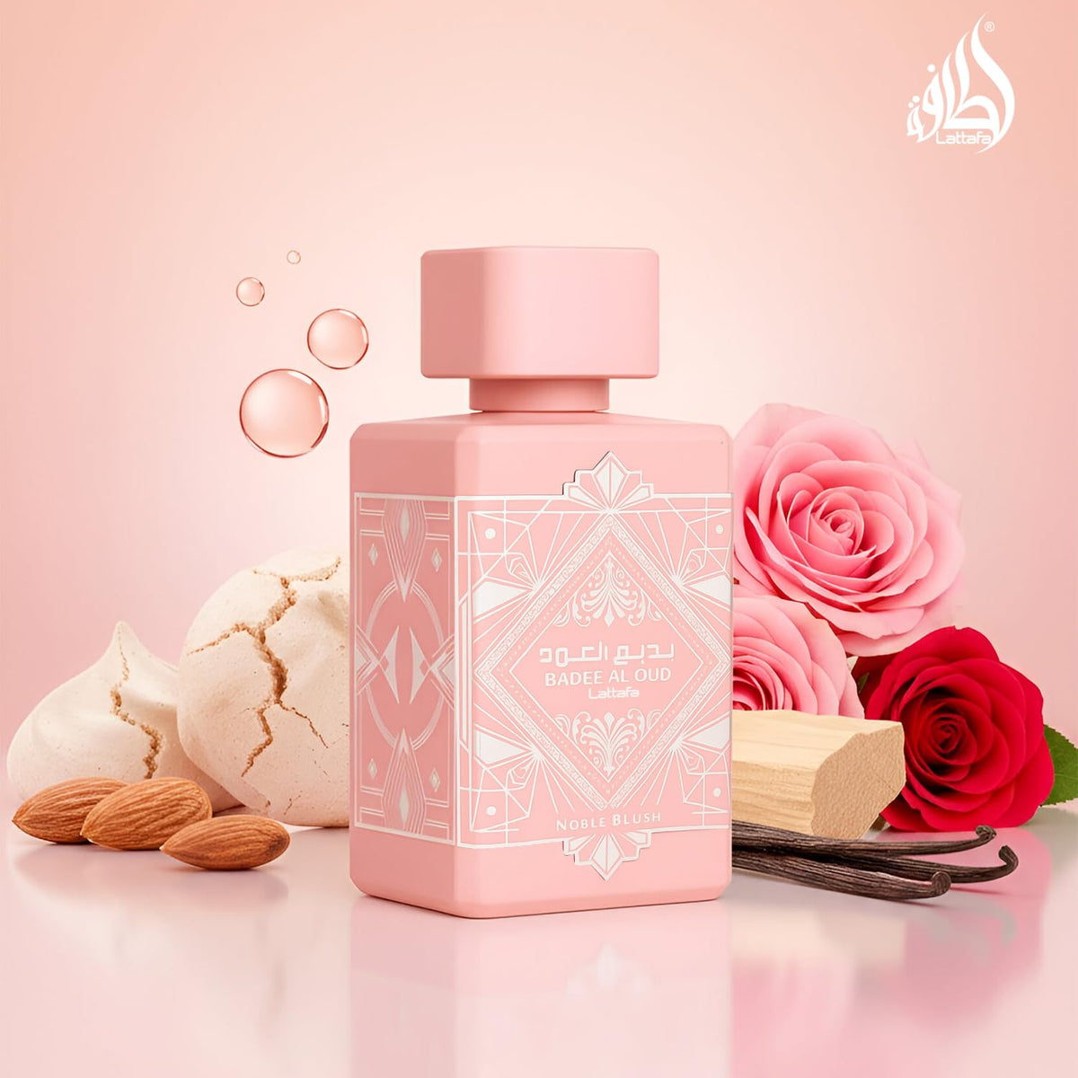 Lattafa Noble Blush spray action releasing fragrant mist for immediate mood lift