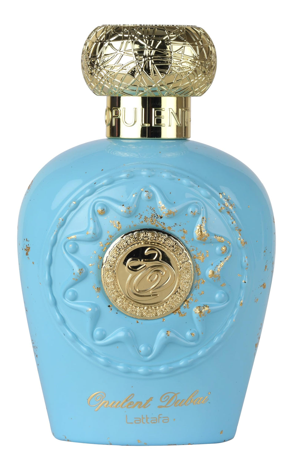 Lattafa Opulent Dubai front bottle with golden detailing showing luxury and display appeal
