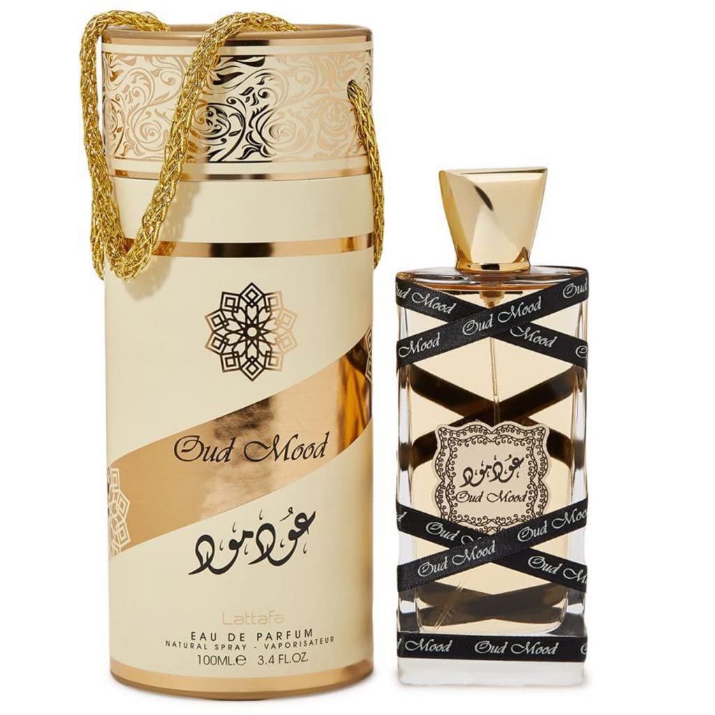 Lattafa Oud Mood retail box packaging highlighting brand and fragrance details