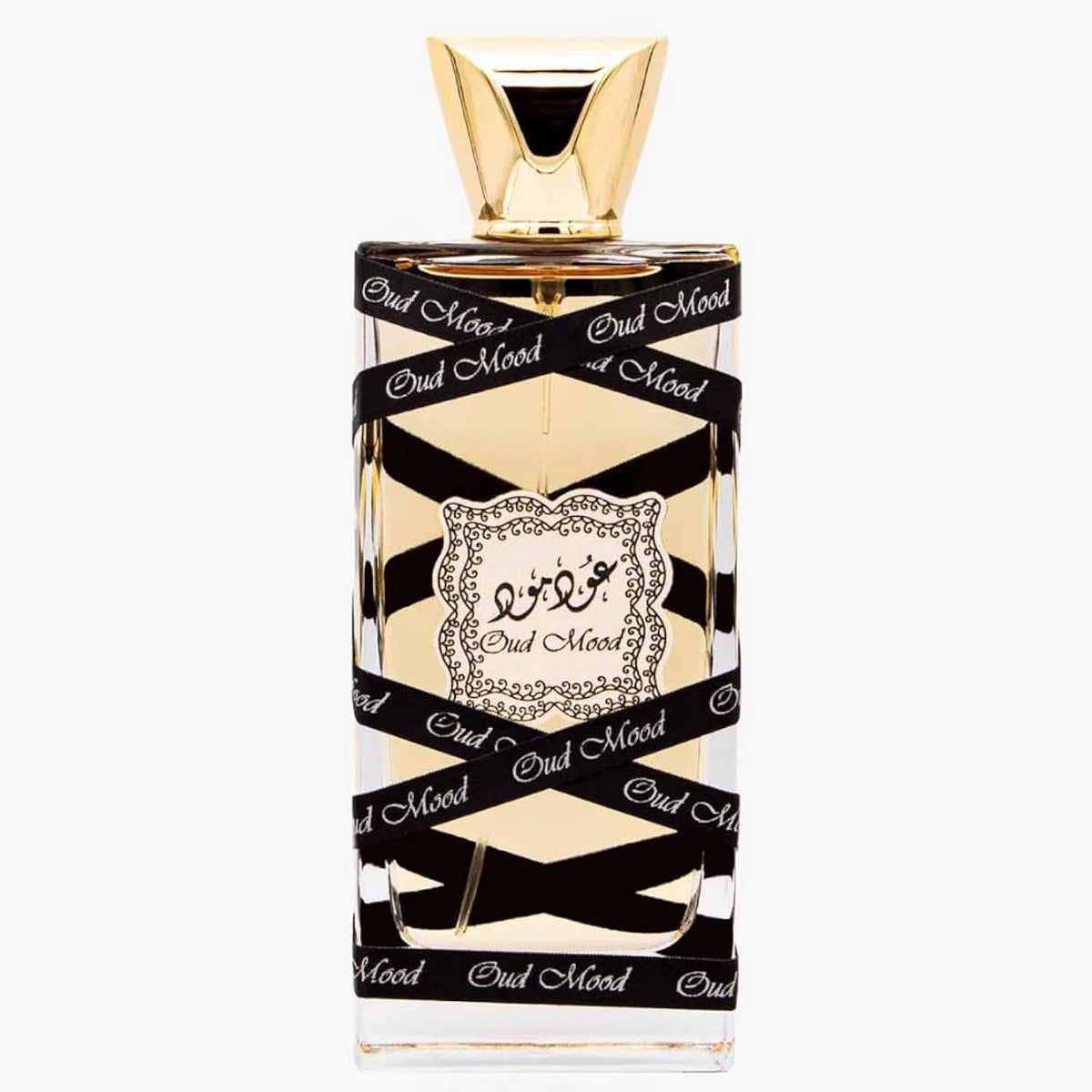 Lattafa Oud Mood front bottle showing elegant label and rich amber liquid