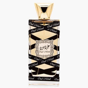 Lattafa Oud Mood front bottle showing elegant label and rich amber liquid