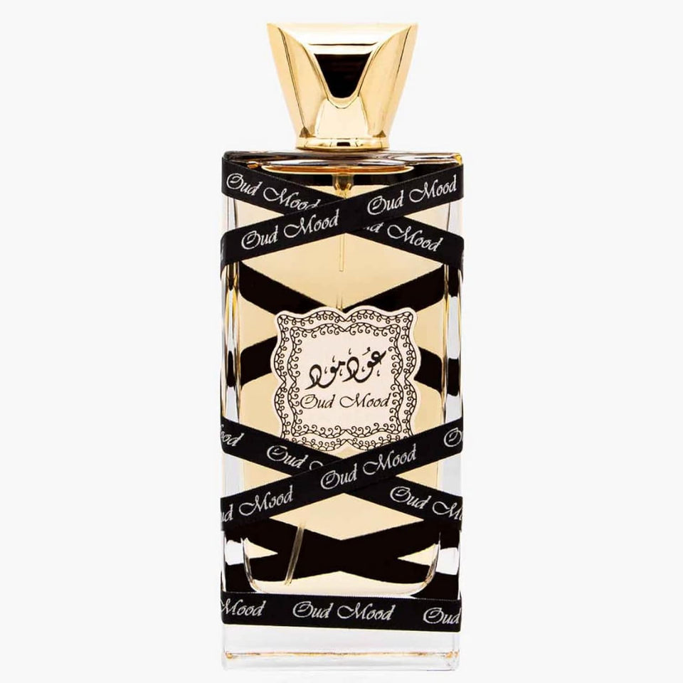 Lattafa Oud Mood front bottle showing elegant label and rich amber liquid