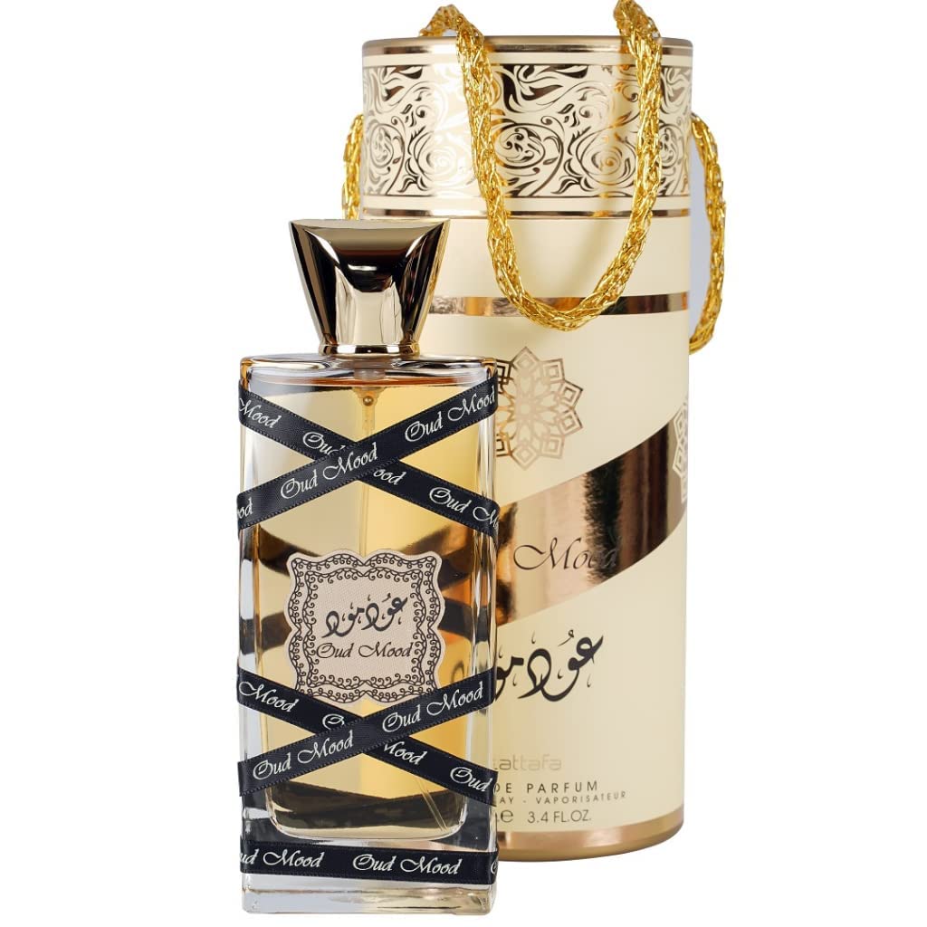 Lattafa Oud Mood note display with saffron, amber, vanilla, sandalwood visuals