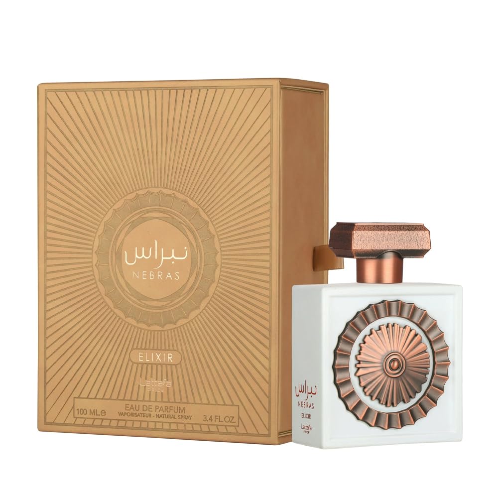 Lattafa Pride Nebras Elixir side profile emphasizing bottle shape and premium finish
