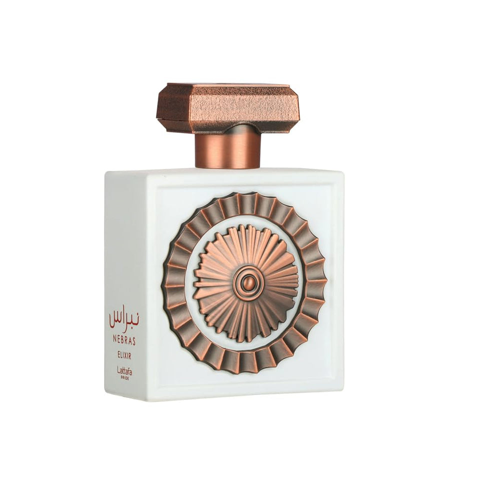 Lattafa Pride Nebras Elixir front bottle view showing elegant packaging and immediate luxury