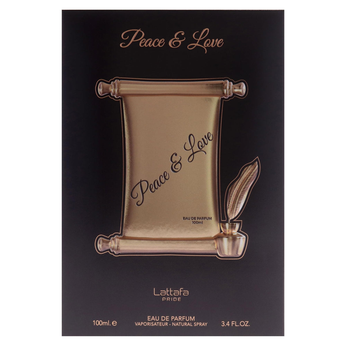 Lattafa Pride Peace & Love bottle held in hand to show 100ml scale and everyday readiness