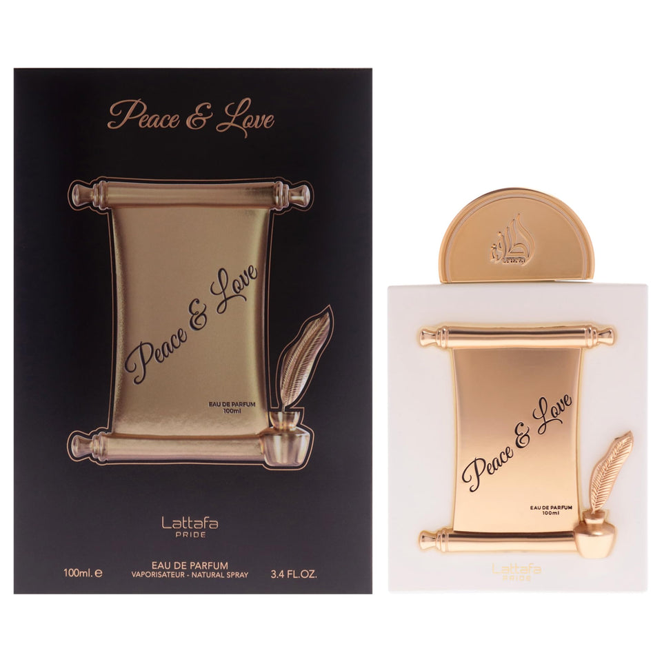 Lattafa Pride Peace & Love front bottle view showing sleek design and approachable scent