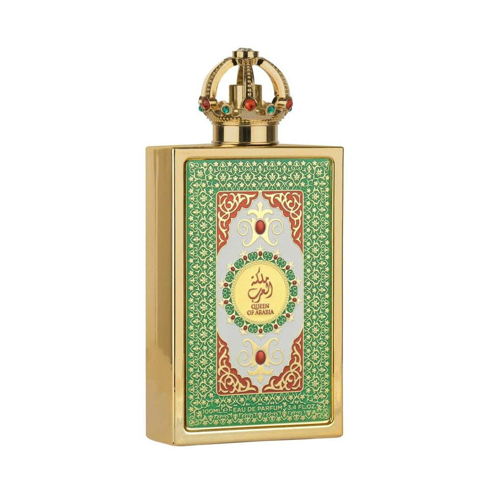 Lattafa Pride Queen of Arabia front bottle showing luxurious gold finish and elegant shape