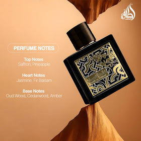 Lattafa notes illustration of berries, bergamot and wood showing composition benefit: layered scent clarity